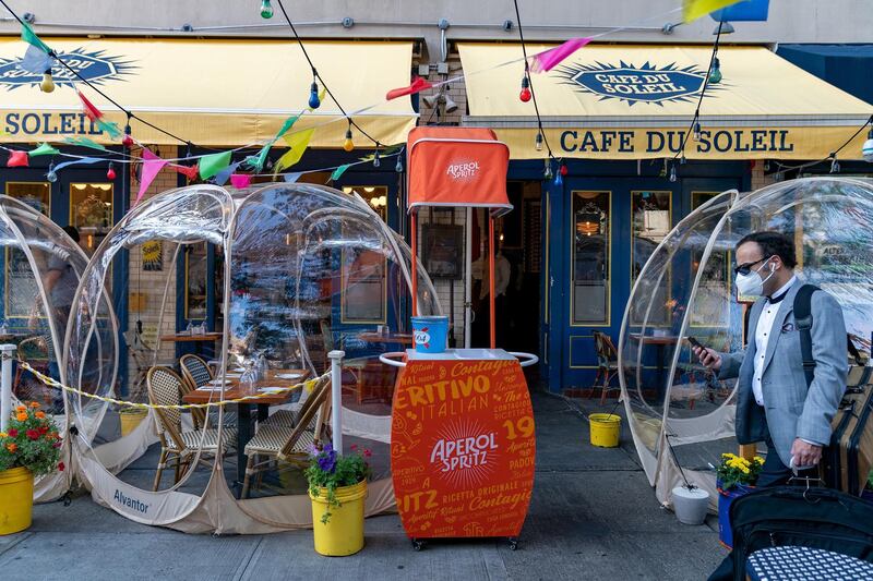 Bubble tents have been set up outside Cafe Du Soliel following the outbreak of the coronavirus in the Manhattan borough of New York City. Reuters
