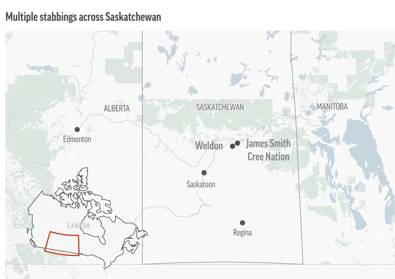 The attacks were at several locations, including the James Smith Cree Nation, an indigenous community, and Weldon in Saskatchewan. AP