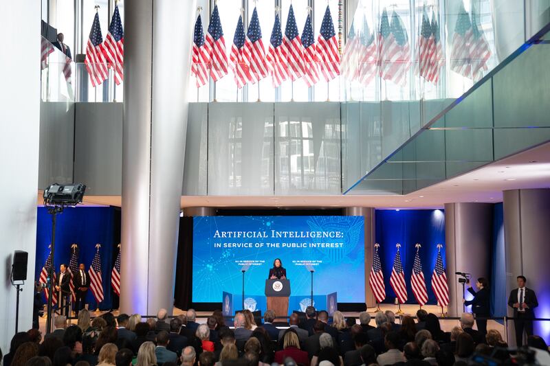 US Vice President Kamala Harris giving a speech on artificial intelligence at the embassy in November 2023. Getty Images