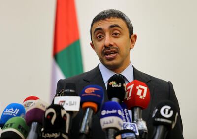 United Arab Emirates' Foreign Minister Sheikh Abdullah bin Zayed Al Nahyan speaks during a joint news conference with Algeria's Foreign Minister Sabri Boukadoum in Algiers, Algeria January 27, 2020. REUTERS/Ramzi Boudina