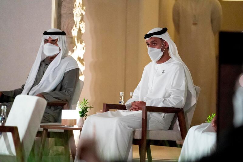 ABU DHABI, UNITED ARAB EMIRATES - April 07, 2021:  HH Sheikh Mohamed bin Hamad bin Tahnoon Al Nahyan (R) and HH Sheikh Nahyan bin Mubarak Al Nahyan, UAE Minister of State for Tolerance (L), attend the Abu Dhabi Awards ceremony, at Qasr Al Hosn.

( Hamad Al Mansoori / Ministry of Presidential Affairs  )
---