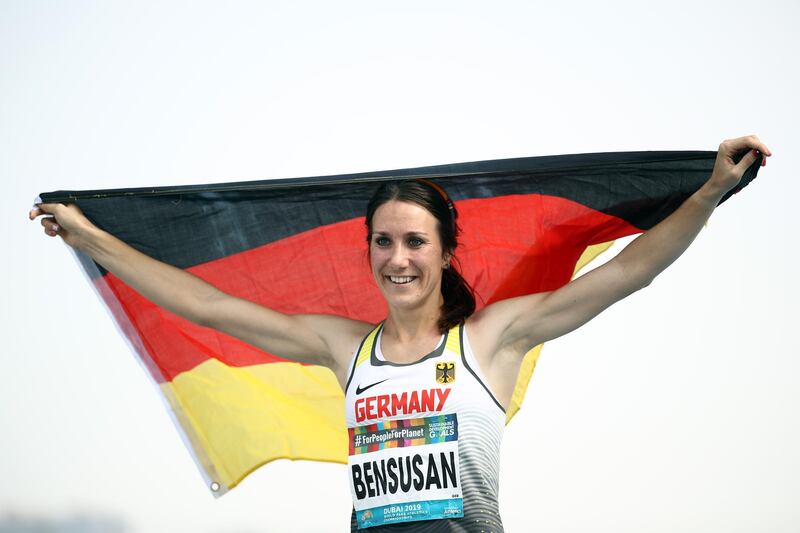 Irmgard Bensusan of Germany celebrates winning the Women's 200m T64 final on Day Three of the IPC World Para Athletics Championships 2019 Dubai, United Arab Emirates. Getty Images
