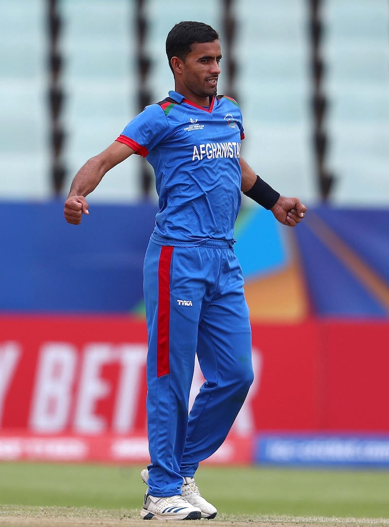 Shafiqullah Ghafari of Afghanistan celebrates the wicket of Jonathan Bird of South Africa during the ICC U19 Cricket World Cup 7th Place Play-Off match between South Africa and Afghanistan at Willowmoore Park on February 05, 2020 in Benoni, South Africa. Courtesy ICC