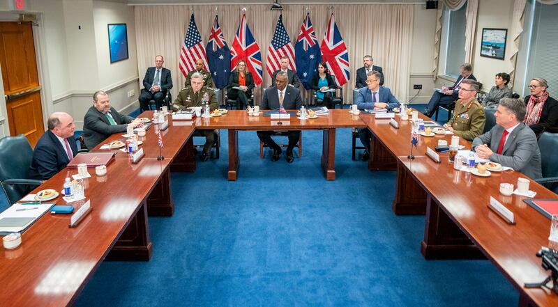 Officials from the UK, US and Australia meet to discuss Indo-Pacific security and the Aukus pact. EPA