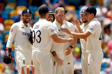 Cricket - Second Test - West Indies v England - The Kensington Oval, Bridgetown, Barbados - March 19, 2022 England's Ben Stokes celebrates with teammates after taking the wicket of West Indies' Alzarri Joseph Action Images via Reuters / Jason Cairnduff