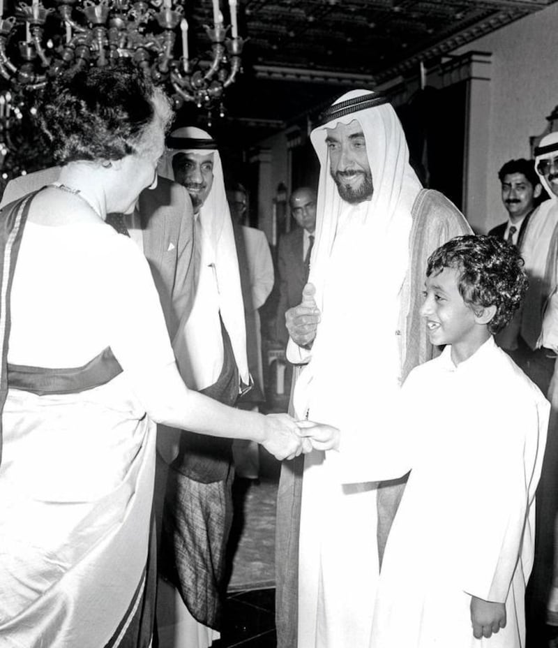 Sheikh Zayed greets Indira Gandhi, the prime minister of India, on May 10, 1981, while a young Sheikh Abdullah bin Zayed – today the UAE Minister of Foreign Affairs – shakes her hand. EPA / Wam