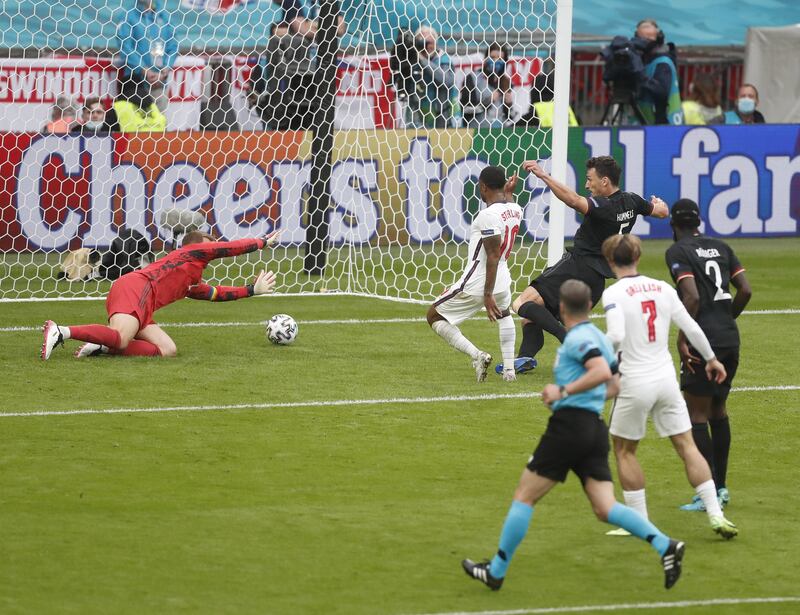 Raheem Sterling scores to put England 1-0 up against Germany. EPA