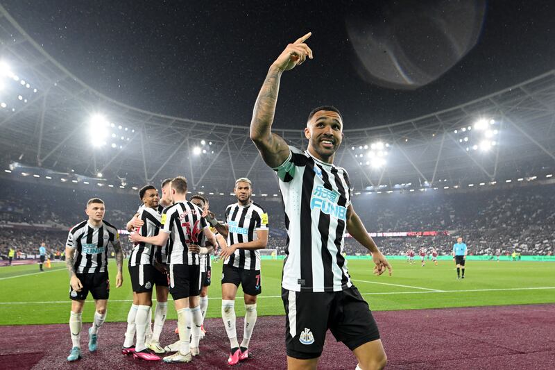 Callum Wilson celebrates after scoring Newcastle United's third goal in their 5-1 Premier League victory over West Ham United at the London Stadium on April 5, 2023. Getty