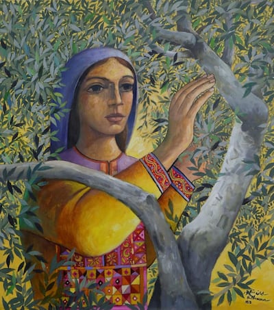 Woman Picking Olives by Sliman Mansour. Photo: Zawyeh Gallery