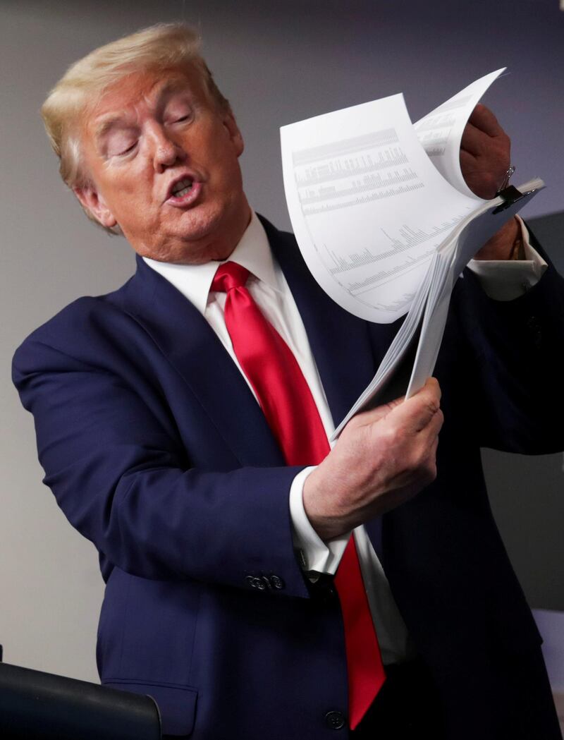 US President Donald Trump holds up a list of coronavirus testing locations that he says US states can use as he addresses the daily coronavirus task force briefing at the White House in Washington, US. Reuters