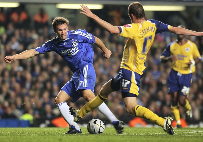 LONDON - OCTOBER 31:  Andriy Shevchenko of Chelsea scores their third goal during the Carling Cup Fourth Round match between Chelsea and Leicester City at Stamford Bridge on October 31, 2007 in London, England.  (Photo by Mike Hewitt/Getty Images)