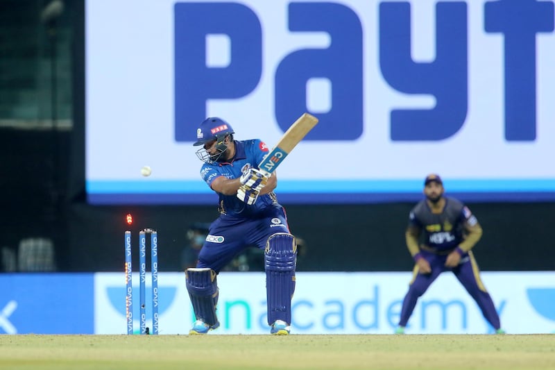 Rohit Sharma captain of Mumbai Indians gets clean bowled  during match 5 of the Vivo Indian Premier League 2021 between the Kolkata Knight Riders and the Mumbai Indians held at the M. A. Chidambaram Stadium, Chennai on the 13th April 2021.

Photo by Vipin Pawar / Sportzpics for IPL