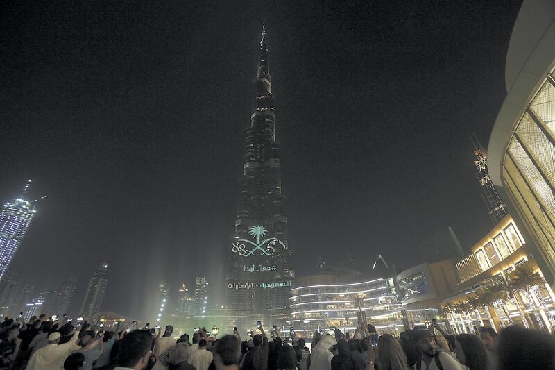 Dubai, September,21, 2018: Burj Khalifa lights up in the colours of Saudi Flag to celebrate the Saudi Arabia's 88th National Day in Dubai. Satish Kumar for the National