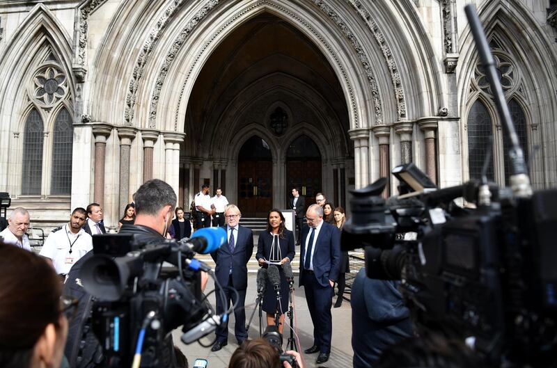 LONDON, ENGLAND - SEPTEMBER 05: Gina Miller speaks outside the Royal Courts of Justice after judges at the High Court rejected her legal challenge, but gave her permission to appeal at the Supreme Court, on September 5, 2019 in London, England. The High Court is hearing a legal challenge brought by former Conservative Prime Minister John Major and Article 50 campaigner Gina Miller challenging current Prime Minister Boris Johnson's planend prorogation of parliament.  (Photo by Leon Neal/Getty Images)