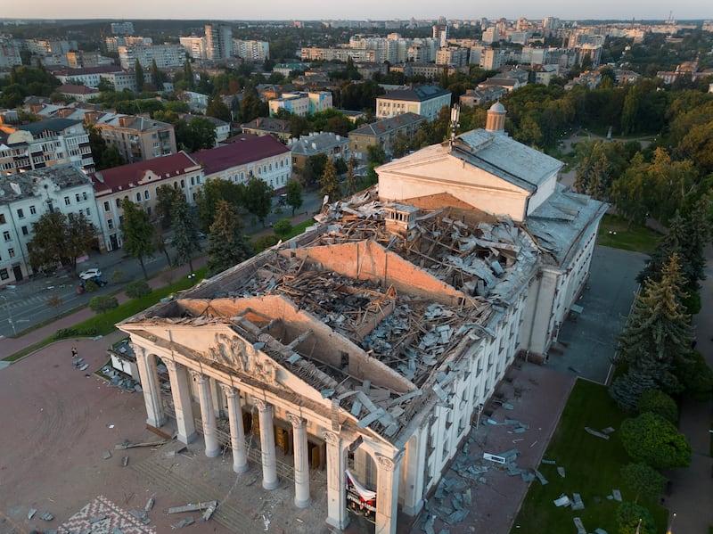Damage from a missile that hit the Chernihiv Regional Academic Ukrainian Music and Drama Theatre, killilng seven people, in August 2023. Getty Images