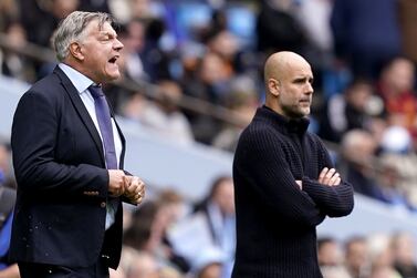 Manchester City manager Pep Guardiola (R) and Leeds manager Sam Allardyce stand on the touchline during the English Premier League match between Manchester City and Leeds United, in Manchester, Britain, 06 May 2023.   EPA/TIM KEETON EDITORIAL USE ONLY.  No use with unauthorized audio, video, data, fixture lists, club/league logos or 'live' services.  Online in-match use limited to 120 images, no video emulation.  No use in betting, games or single club/league/player publications. 