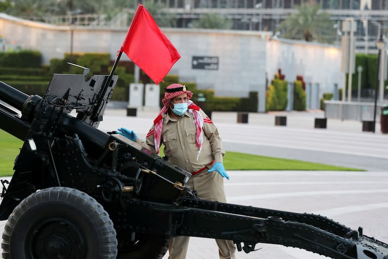 Dubai, United Arab Emirates - Reporter: N/A: The cannon firing to mark the breaking of the fast at Maghrib sunset prayers. Friday, April 24th, 2020. Burj Khalifa, Dubai. Chris Whiteoak / The National