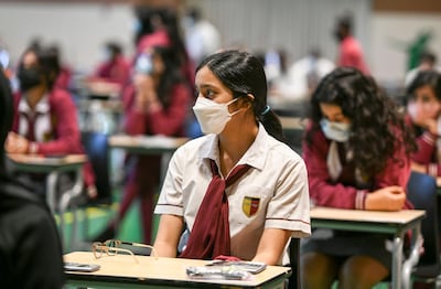 Abu Dhabi, United Arab Emirates - Pupils seated for the Mathematic, grade 11  exam hall at Gems Cambridge International School in Baniyas. Khushnum Bhandari for The National