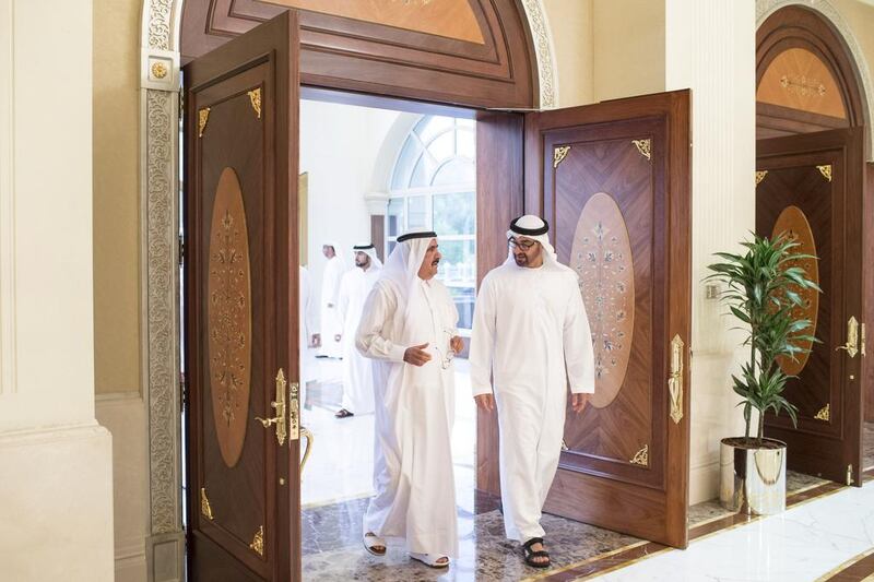 The Crown Prince of Abu Dhabi and Deputy Supreme Commander of the UAE Armed Forces, receives Sheikh Hamdan bin Rashid, Deputy Ruler of Dubai, Minister of Finance and Industry. Ryan Carter / Crown Prince Court — Abu Dhabi