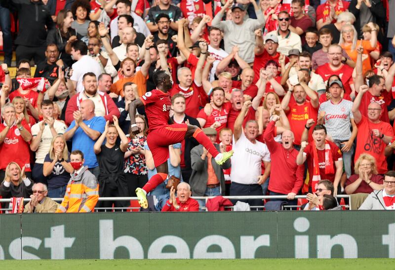 Liverpool attacker Sadio Mane celebrates after scoring against Crystal Palace at Anfield on Saturday, September 18. Getty