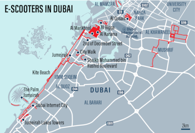 The ten areas where e-scooters are allowed in Dubai. Source: Roads and Transport Authority