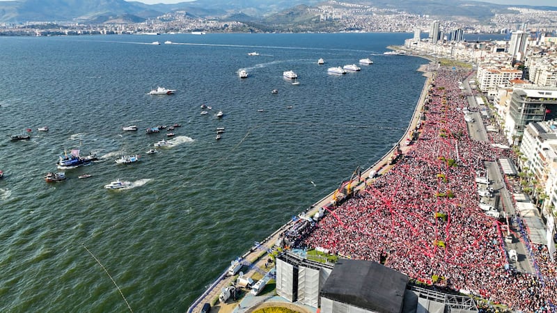 Supporters of Turkey's Republican People's Party chairman and Presidential candidate Kemal Kilicdaroglu rally in Izmir, Turkey, on Sunday. Republican People's Party Press Service / AFP