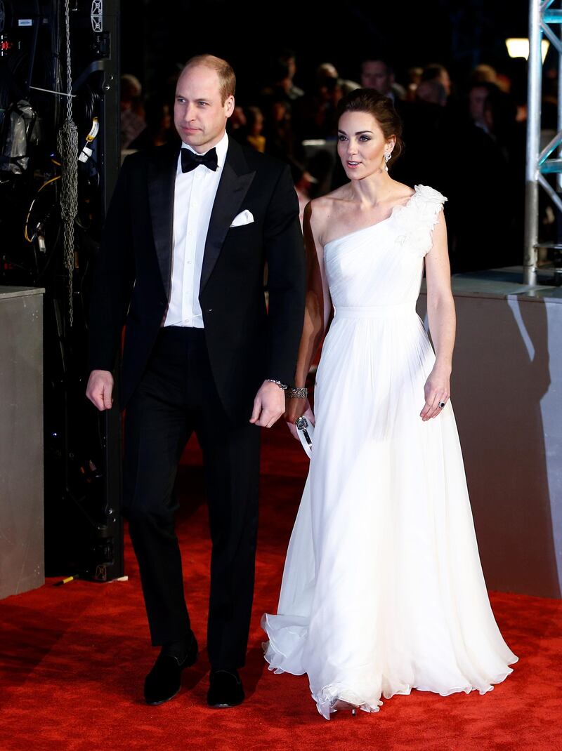 2019: For the 2019 Baftas, the Duchess of Cambridge chose a white silk chiffon Alexander McQueen gown for the awards ceremony, held at London’s Royal Albert Hall. Reuters