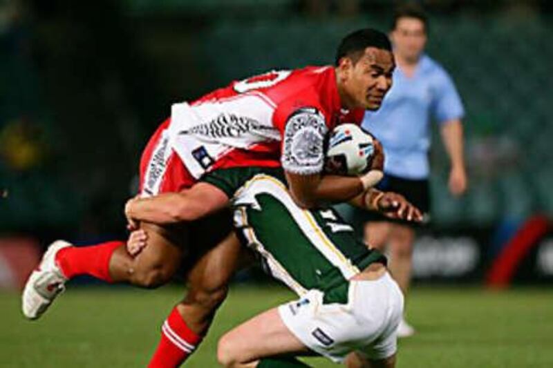 Tony Williams of Tonga is tackled during the 2008 Rugby League World Cup Pool 3 match between Tonga and Ireland at Parramatta Stadium.
