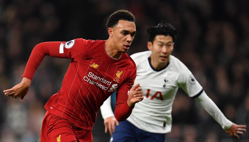 LONDON, ENGLAND - JANUARY 11: Trent Alexander-Arnold of Liverpool and Son Heung-Min of Tottenham Hotspur during the Premier League match between Tottenham Hotspur and Liverpool FC at Tottenham Hotspur Stadium on January 11, 2020 in London, United Kingdom. (Photo by Justin Setterfield/Getty Images)