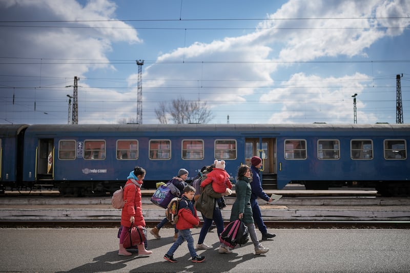 Fleeing refugees arrive at the border train station of Zahony, Hungary, in March 2022. Getty Images