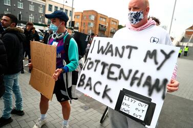 epa09150380 Tottenham supporters protest in front of Tottenham Hotspur Stadium prior to the English Premier League soccer match between Tottenham Hotspur and Southampton FC in London, Britain, 21 April 2021. EPA/Clive Rose / POOL EDITORIAL USE ONLY. No use with unauthorized audio, video, data, fixture lists, club/league logos or 'live' services. Online in-match use limited to 120 images, no video emulation. No use in betting, games or single club/league/player publications.