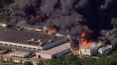 The fire after an explosion at the Chemtool factory in Illinois, US. WLS / SBC 7 Chicago