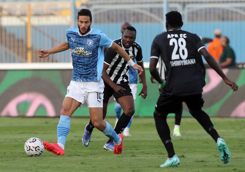 Pyramids winger Ramadan Sobhi, left, in action during a  CAF Champions League qualifier against Armee Patriotique Rwandaise FC, in Cairo, Egypt, September 29, 2023. EPA