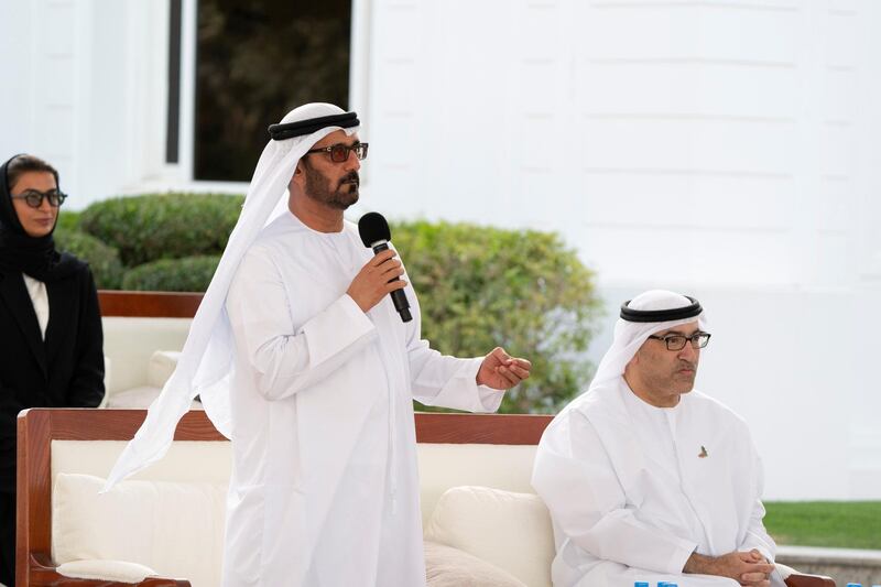 ABU DHABI, UNITED ARAB EMIRATES - March 16, 2020: HE Hussain Ibrahim Al Hammadi, UAE Minister of Education (L), speaks about the UAE’s Covid19 response, during a Sea Palace barza. Seen with HE Abdul Rahman Mohamed Al Owais, UAE Minister of Health and Prevention (R).

( Hamad Al Kaabi  / Ministry of Presidential Affairs )
---