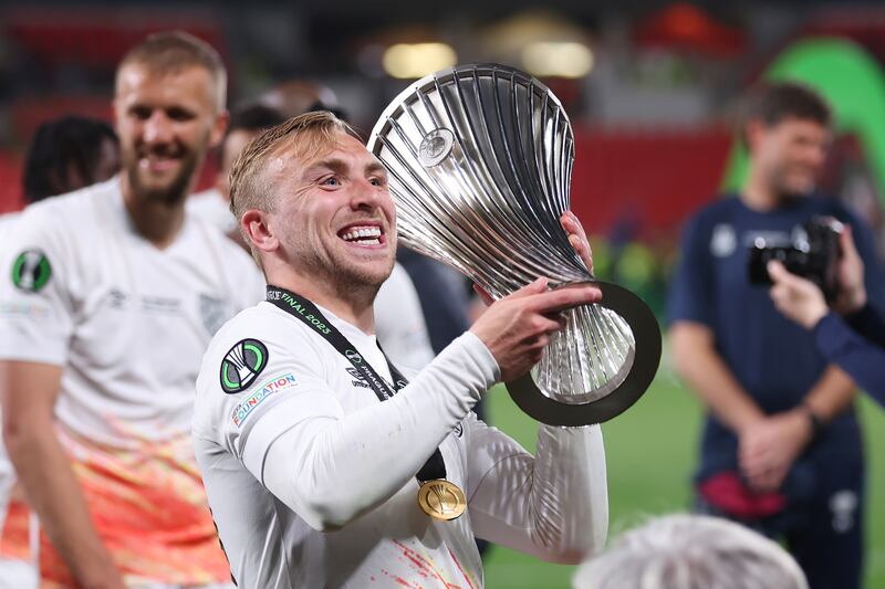 West Ham match-winner Jarrod Bowen lifts the Europa Conference League trophy. Getty