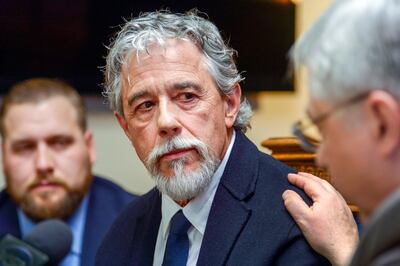 Salt Lake City attorney Robert Sykes, right, and plaintiff Terry Sanderson talking during a court hearing at 3rd District Court in Summit County, Salt Lake City, Tuesday, Jan. 29, 2019. The Utah man filed a lawsuit accusing actress Gwyneth Paltrow of seriously injuring him during ski crash at a Park City resort in 2016. Sanderson said in the lawsuit that Paltrow was skiing out of control and smashed into him from behind, leaving him with a concussion and four broken ribs. The alleged incident occurred Feb. 26, 2016, on a beginner run at Deer Valley Resort. (Leah Hogsten/The Salt Lake Tribune via AP)