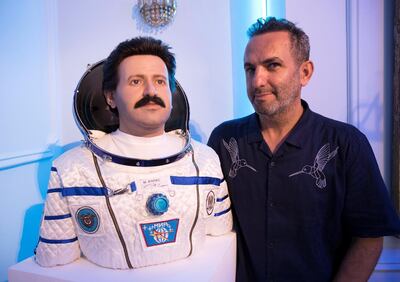 LONDON 6th July 2018. Artist Halil Altindere with his full size model of Syrian Cosmonaut Muhammed Ahmed Faris  at the Space Refugee exhibition at the British Interplanetary Society in London. Stephen Lock for the National 