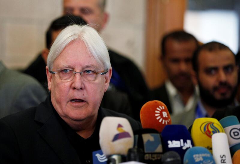 The newly appointed U.N. envoy to Yemen, Martin Griffiths, speaks to reporters upon his arrival at Sanaa airport in Sanaa, Yemen March 24, 2018. REUTERS/Khaled Abdullah