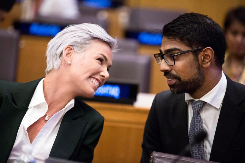 President of EAT Foundation Gunhild Stordalen (L) speaks with Director of Policy at EAT Sudhvir Singh (R) during the EAT Food System Dialogue event on a side of the General Assembly of the United Nations at United Nations Headquarters.  EPA