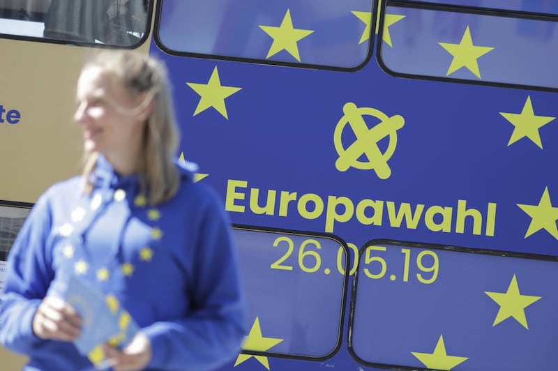 The stars of the European Union (EU) sit on the side of a European Parliament election campaign bus in the Bavarian city of Aschaffenburg, Germany, on Monday, May 13, 2019.  The stakes are high for this year's elections to the European Parliament, with widespread predictions that a growing chorus of populists will see historic gains at the expense of establishment parties. Photographer: Alex Kraus/Bloomberg