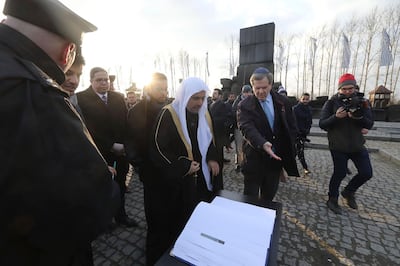 Muslim religious leaders are guided during a visit to the former Nazi death camp of Auschwitz, in what organizers called â€œthe most senior Islamic leadership delegation" to visit, in Oswiecim, Poland on Thursday Jan. 23, 2020. The interfaith visit by Muslim and Jewish delegates comes on International Holocaust Remembrance Day, just days before the 75th anniversary of the  Jan. 27, 1945, liberation of the death camp by Soviet forces. (American Jewish Committee via AP)