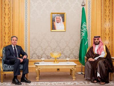 US Secretary of State Antony Blinken meeting Saudi Crown Prince Mohammed bin Salman in Riyadh on Monday. AFP