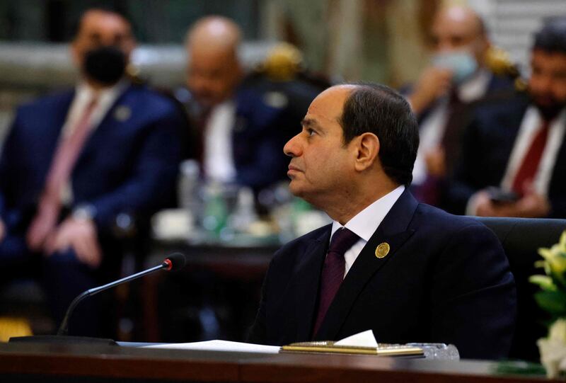 Egypt's President Abdel Fattah El Sisi speaks at the Baghdad Conference for Co-operation and Partnership summit. AFP