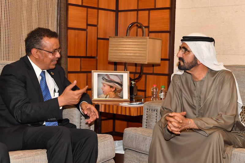 Sheikh Mohammed bin Rashid talks to Dr Tedros Adhanom Ghebreyesus. Courtesy Dubai Government Media Office