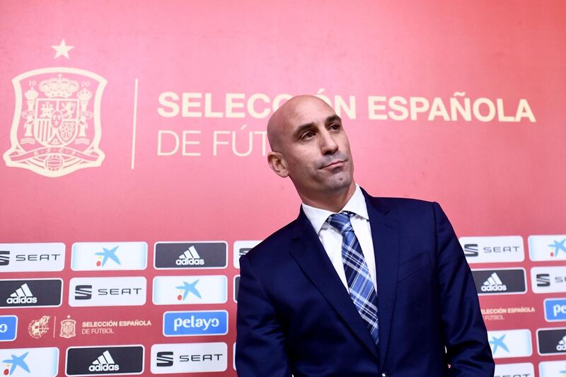 Spanish Royal Football Federation (RFEF) president Luis Rubiales gives a press conference on November 19, 2019 at Las Rozas football sports city near Madrid. Luis Enrique will return as coach of Spain and replace Robert Moreno ahead of Euro 2020, the Spanish Football Federation (RFEF) confirmed on November 19, 2019. Moreno took charge in June after Luis Enrique had resigned to take care of his daughter Xana, who died in August of bone cancer. "Today we can confirm Luis Enrique returns to his position of work," said RFEF president Luis Rubiales, in a press conference at the national team's training base in Las Rozas. 
 / AFP / OSCAR DEL POZO
