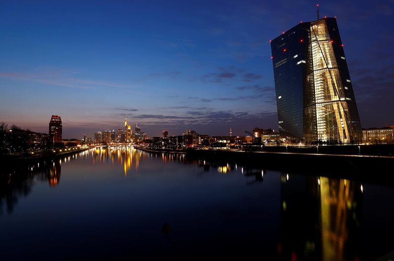 The headquarters of the European Central Bank (ECB) and the Frankfurt skyline with its financial district are photographed on early evening in Frankfurt, Germany, March 25, 2018.  REUTERS/Kai Pfaffenbach
