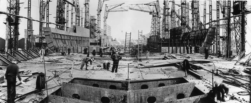 The Cunard White Star liner 'Queen Elizabeth' under construction at the Clydebank shipyard in 1937. Getty Images