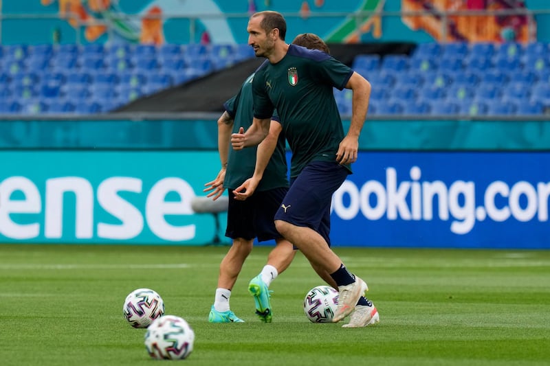 Italy's Giorgio Chiellini in action during a training session ahead of the Euro 2020 kick-off against Turkey at Olimpico Stadium. AP