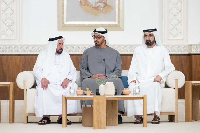 Sheikh Dr Sultan, Sheikh Mohamed bin Zayed and Sheikh Mohammed bin Rashid, during the meeting.