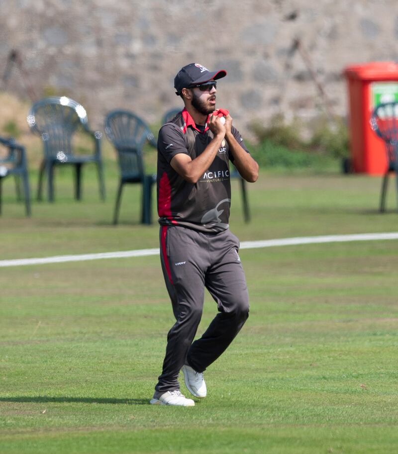 UAE's Chirag Suri takes a catch off Basil Hameed's bowling in the Tri-Nations Series match against Scotland at Mannofield Park, Aberdeen, on August 14, 2022. All pictures courtesy Ian Jacobs/Cricket Scotland